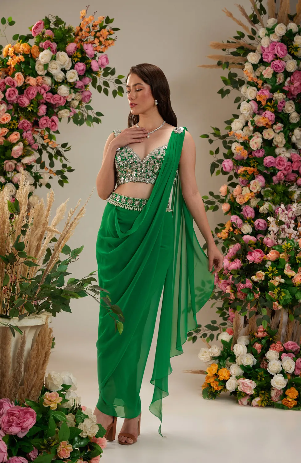 Dark Mint Color- Dupion Blouse, Belt And Georgette Saree