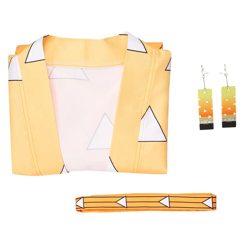 Demon Slayer Agatsuma Zenitsu Cosplay Costumes Halloween Carnival Suit with Earrings Belt