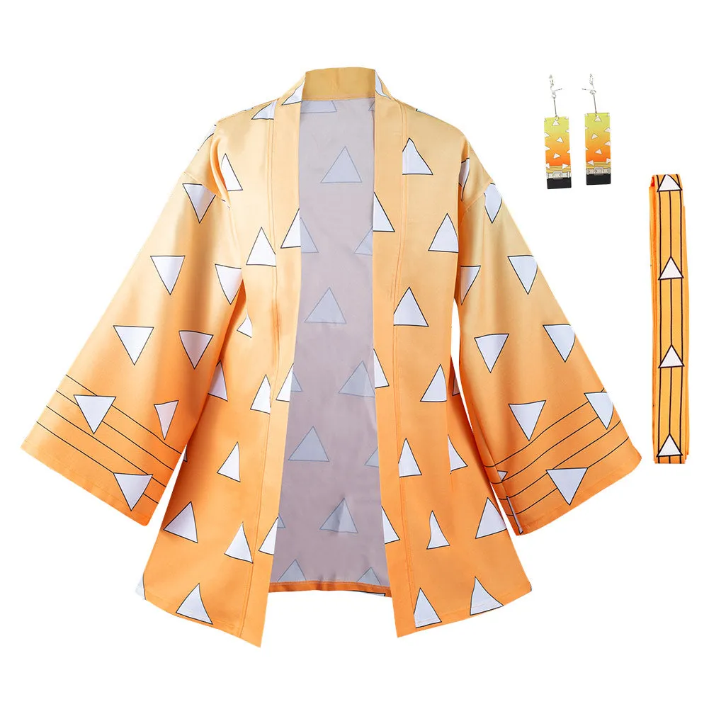 Demon Slayer Agatsuma Zenitsu Cosplay Costumes Halloween Carnival Suit with Earrings Belt
