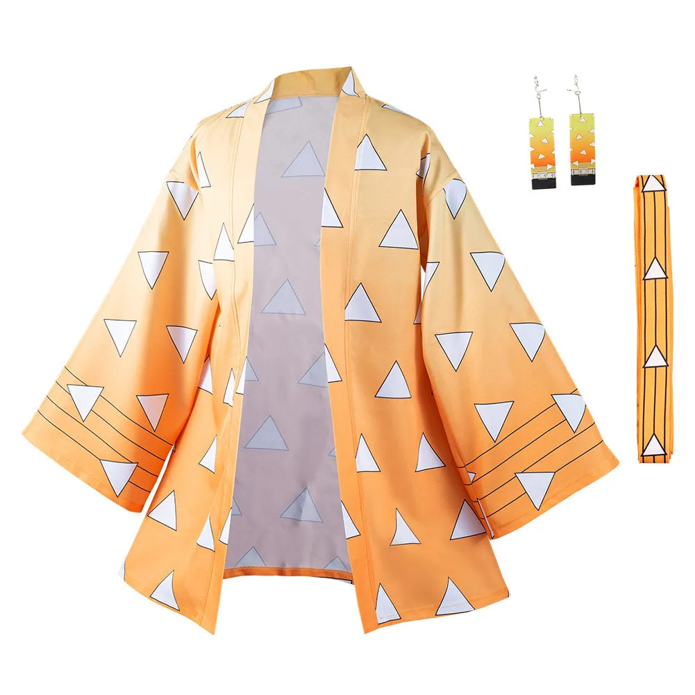 Demon Slayer Agatsuma Zenitsu Cosplay Costumes Halloween Carnival Suit with Earrings Belt