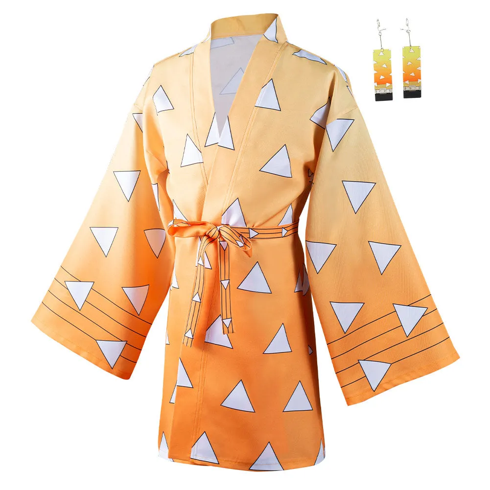 Demon Slayer Agatsuma Zenitsu Cosplay Costumes Halloween Carnival Suit with Earrings Belt