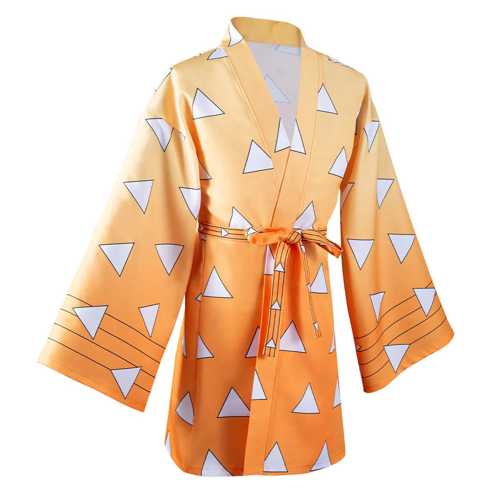 Demon Slayer Agatsuma Zenitsu Cosplay Costumes Halloween Carnival Suit with Earrings Belt