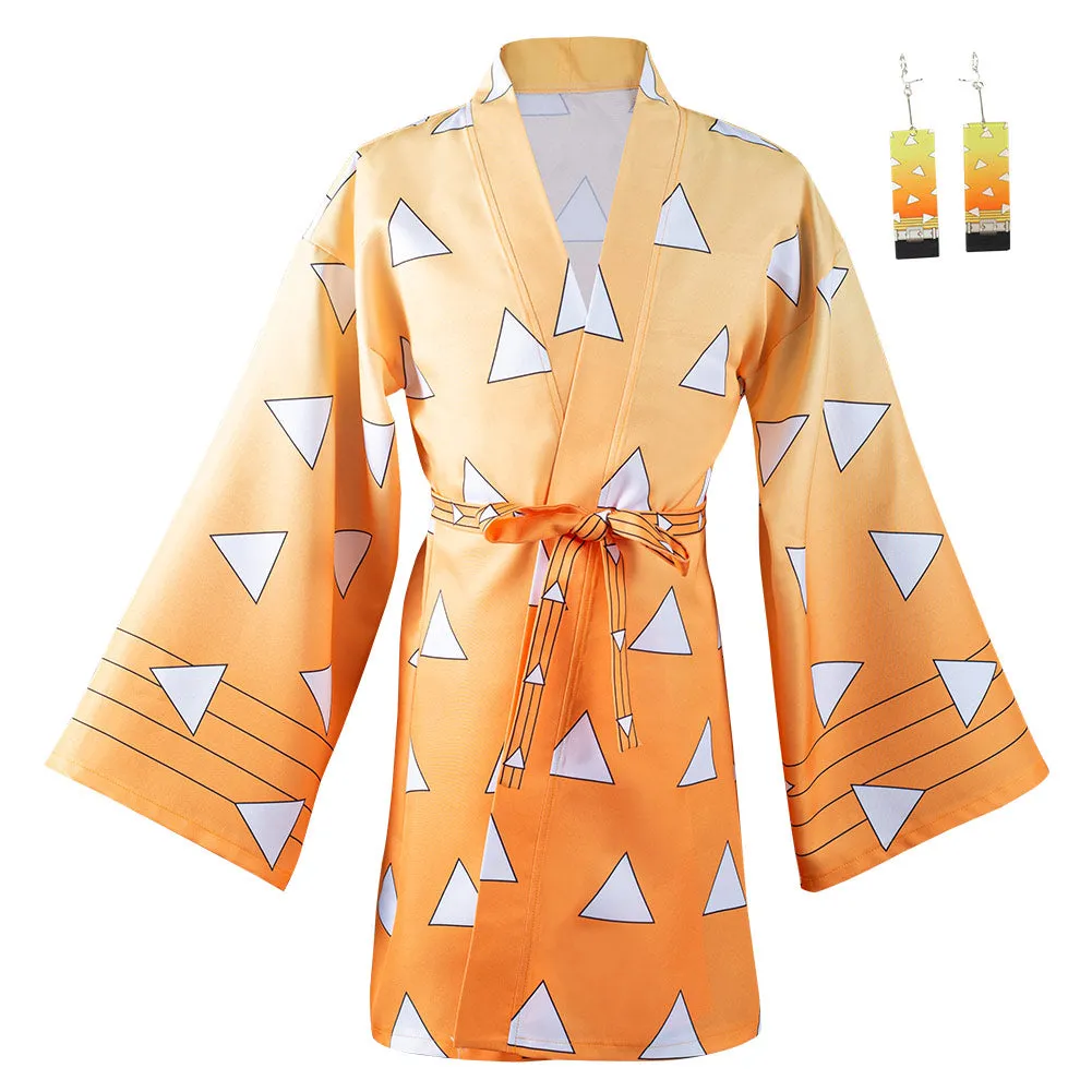 Demon Slayer Agatsuma Zenitsu Cosplay Costumes Halloween Carnival Suit with Earrings Belt