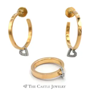 Designer Escada Flat Edge Ring & Matching Earrings with Platinum Diamond Heart Dangle in 18k Rose Gold