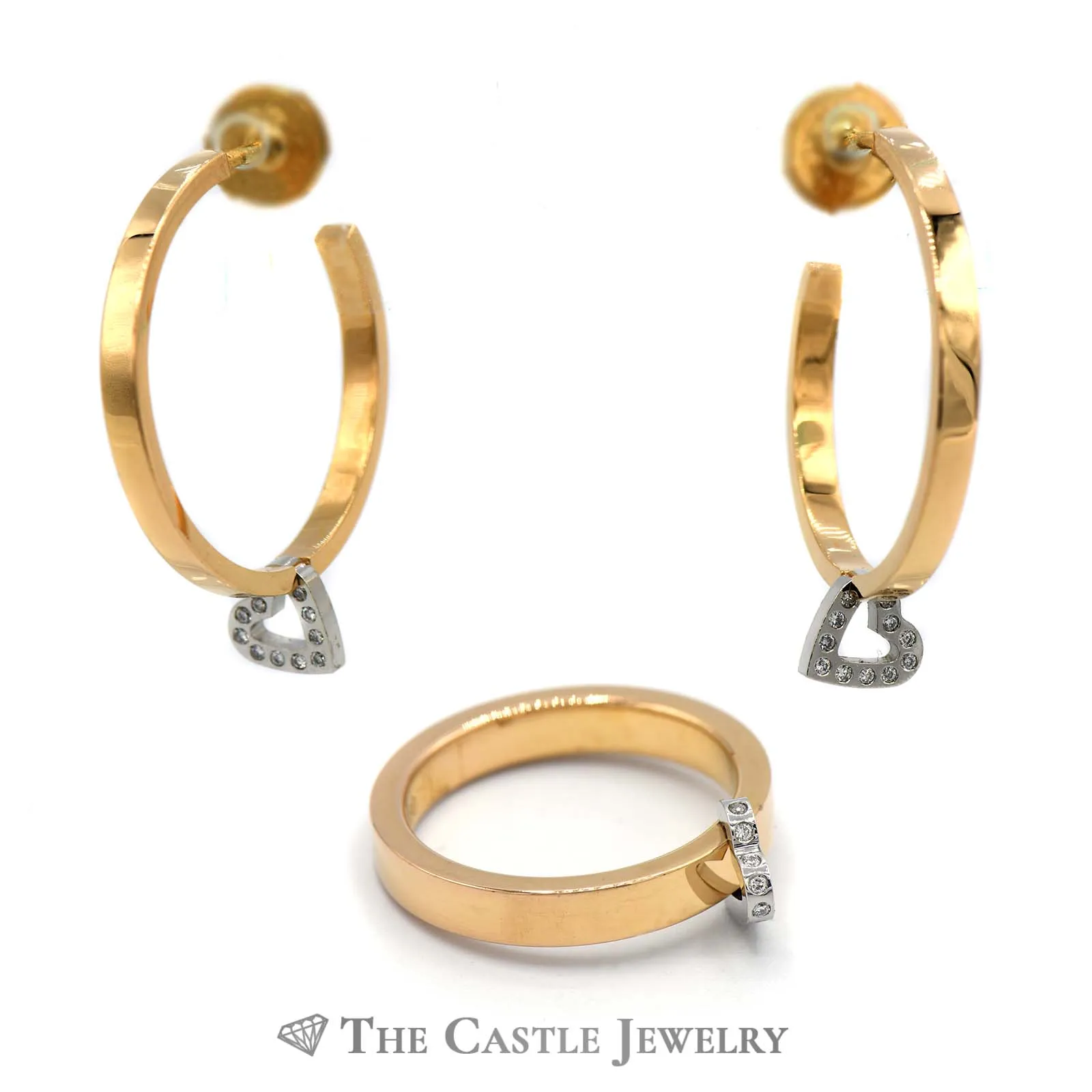 Designer Escada Flat Edge Ring & Matching Earrings with Platinum Diamond Heart Dangle in 18k Rose Gold