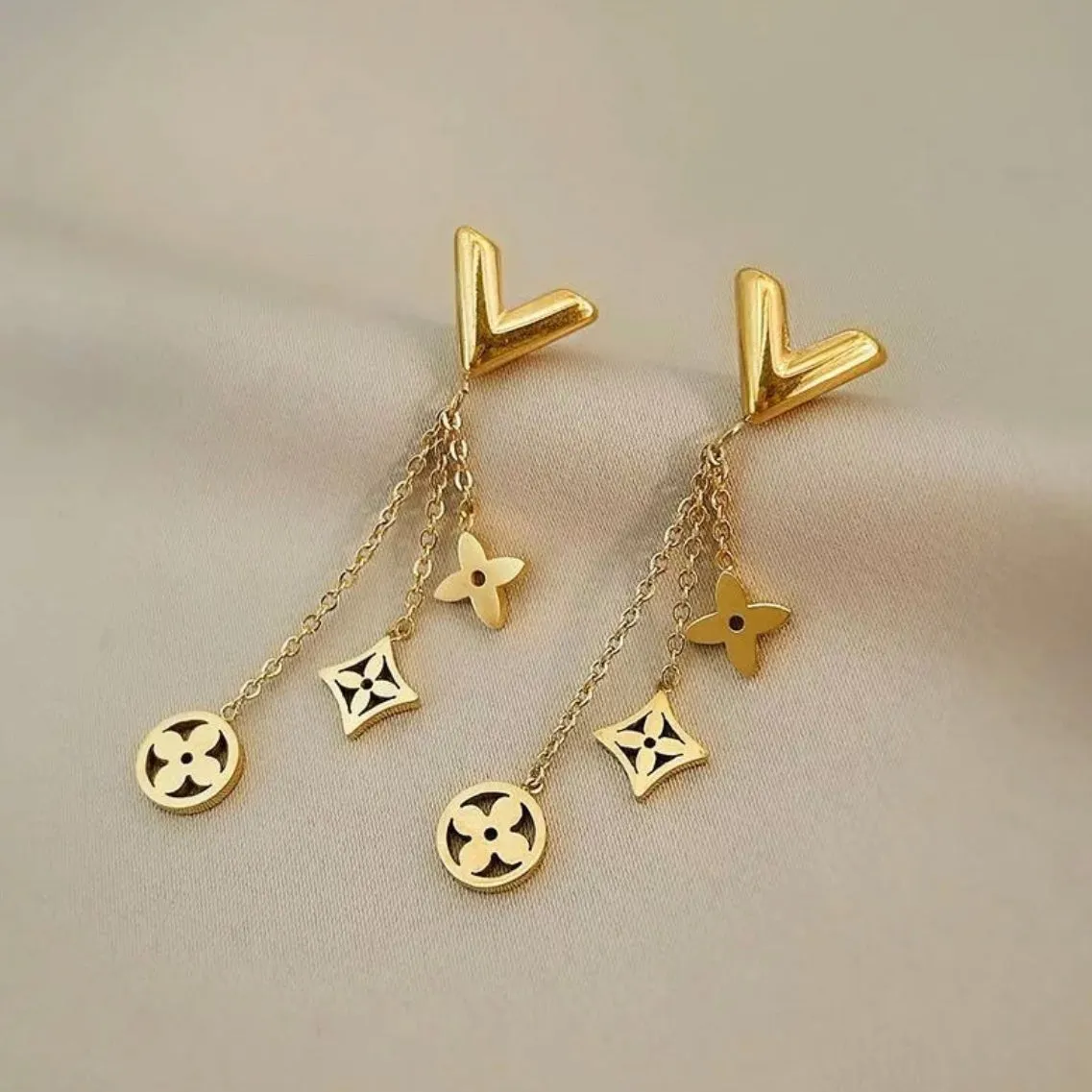 Designer Inspired Clover Dangling Earrings - Gold