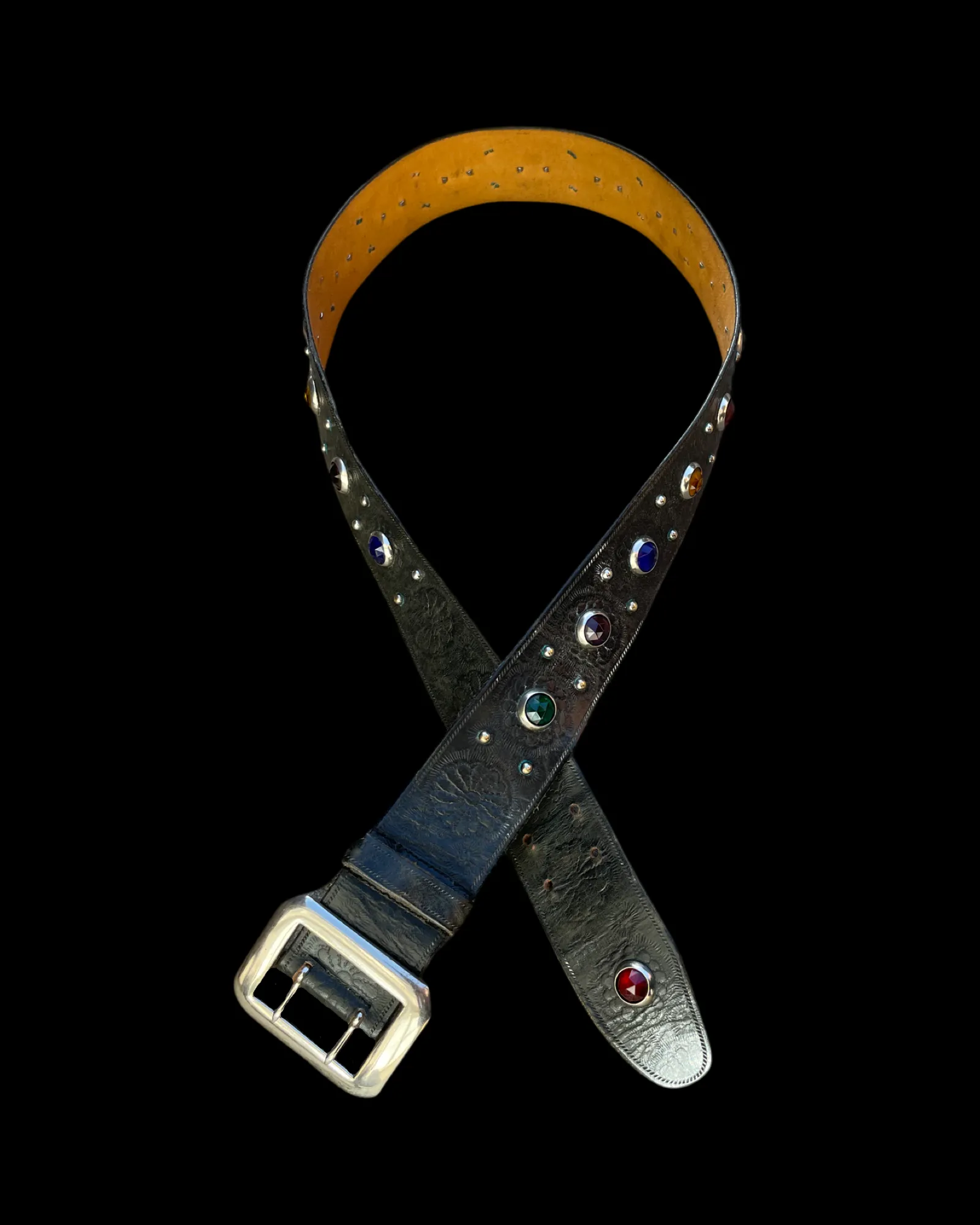 Double Prong 1950s Studded Jeweled Tooled Leather Biker Belt
