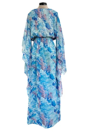 Dreamy 1970s Pierre Cardin Blue Floral Print Silk Chiffon Dress w Long Angel Sleeves