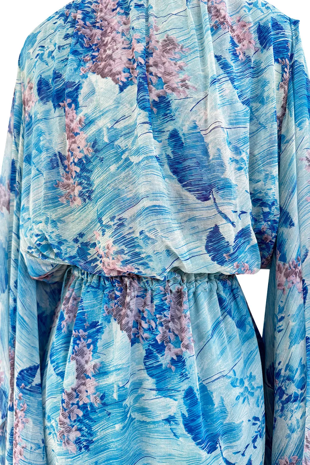 Dreamy 1970s Pierre Cardin Blue Floral Print Silk Chiffon Dress w Long Angel Sleeves