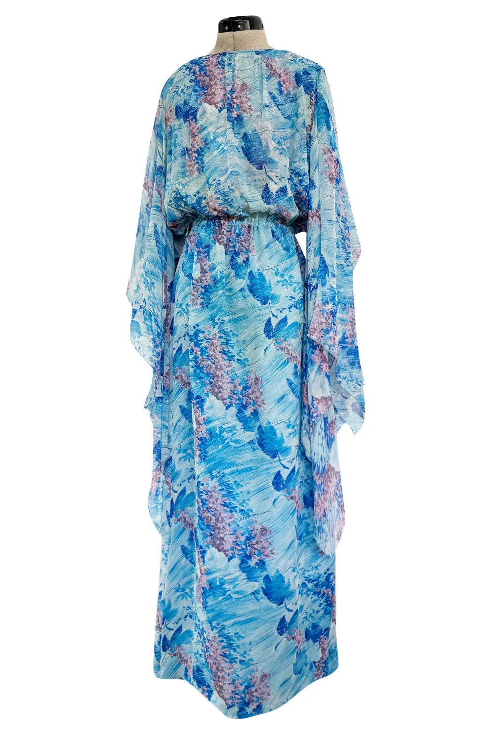Dreamy 1970s Pierre Cardin Blue Floral Print Silk Chiffon Dress w Long Angel Sleeves