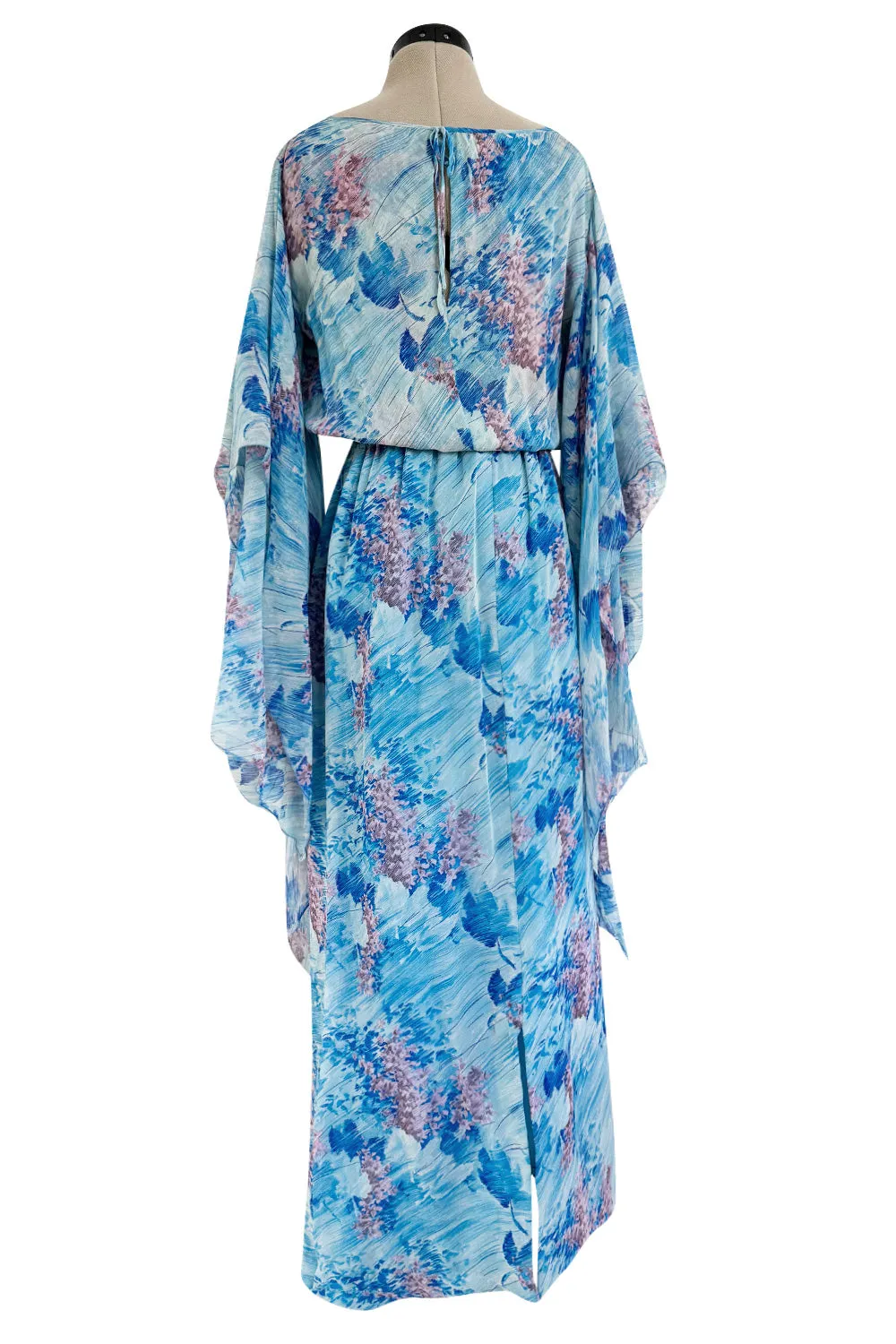 Dreamy 1970s Pierre Cardin Blue Floral Print Silk Chiffon Dress w Long Angel Sleeves