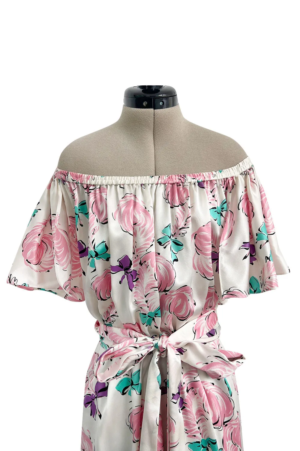 Dreamy Spring 1987 Yves Saint Laurent Off Shoulder Pink Feather & Bow Print Silk Dress