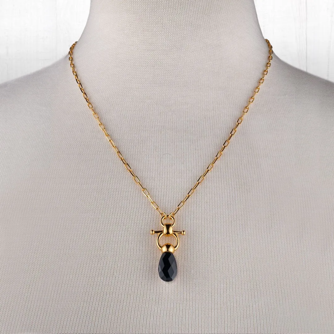 Droplette - Snaffle Horse Bit Black Onyx Gemstone and 14K Gold on Sterling Silver Necklace