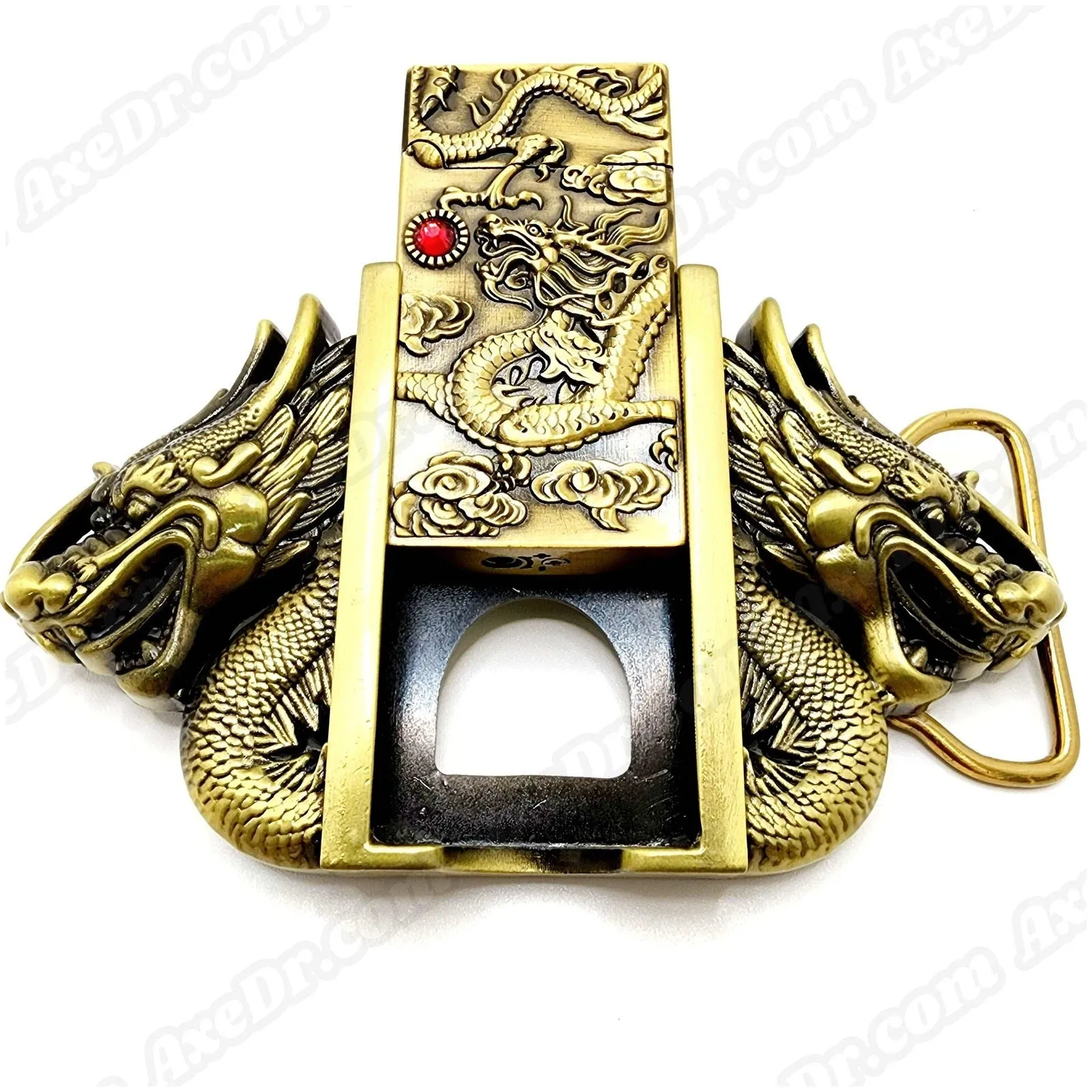 Dual Dragons Gold Lighter Belt Buckle / Push Button Lighter Holder Buckle
