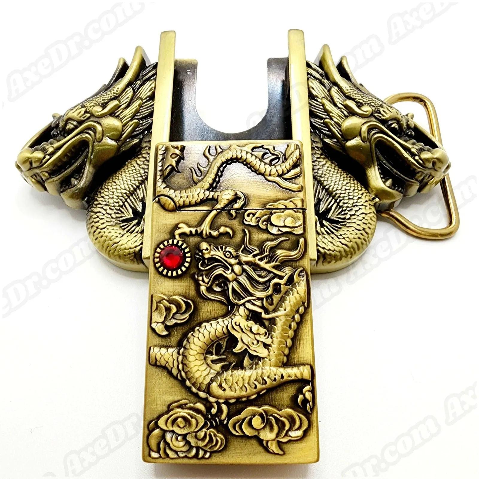 Dual Dragons Gold Lighter Belt Buckle / Push Button Lighter Holder Buckle