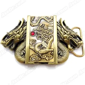 Dual Dragons Gold Lighter Belt Buckle / Push Button Lighter Holder Buckle
