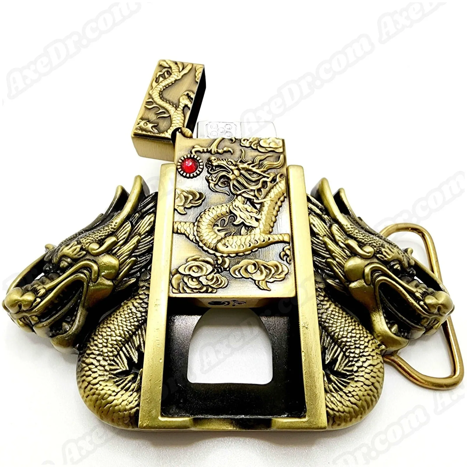 Dual Dragons Gold Lighter Belt Buckle / Push Button Lighter Holder Buckle
