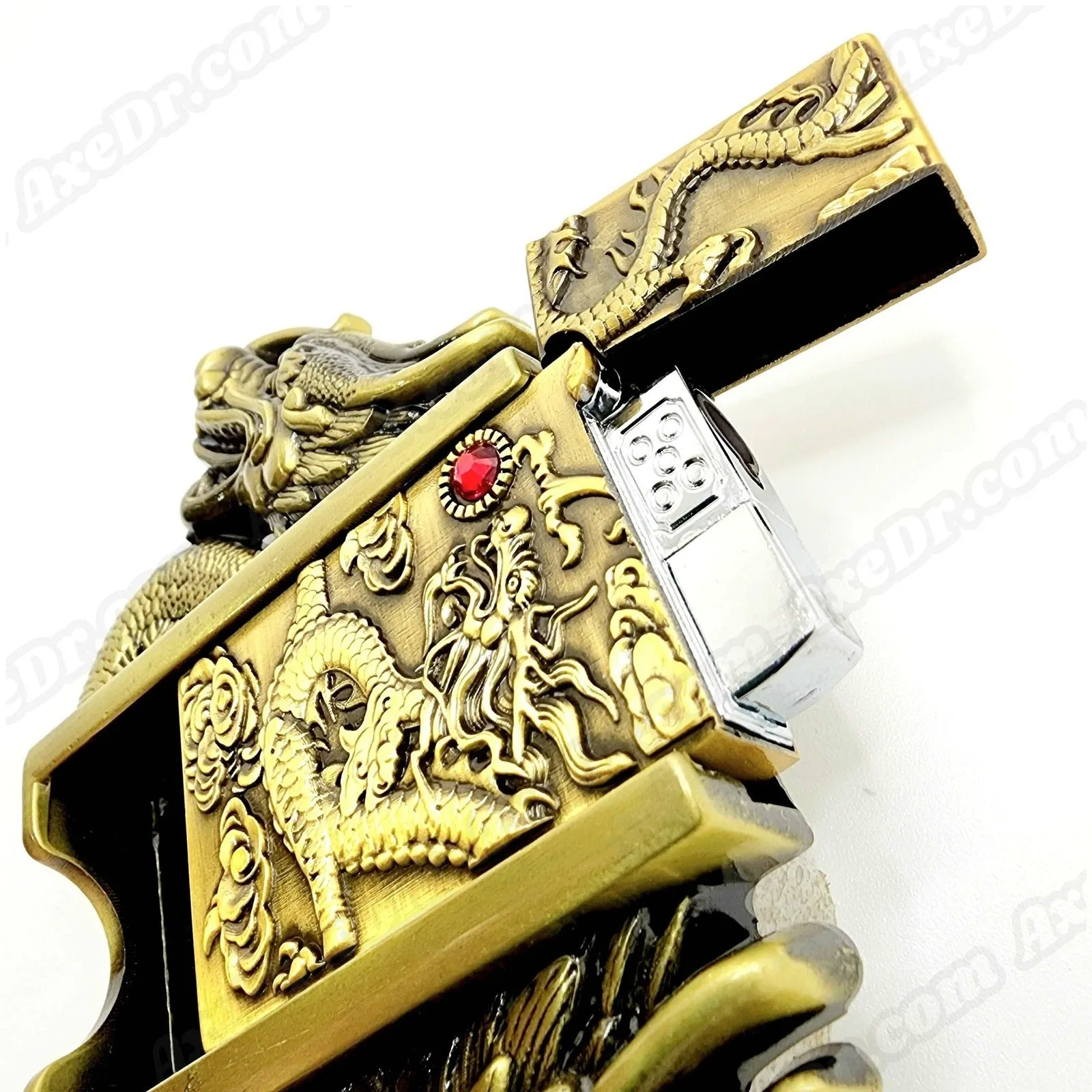 Dual Dragons Gold Lighter Belt Buckle / Push Button Lighter Holder Buckle
