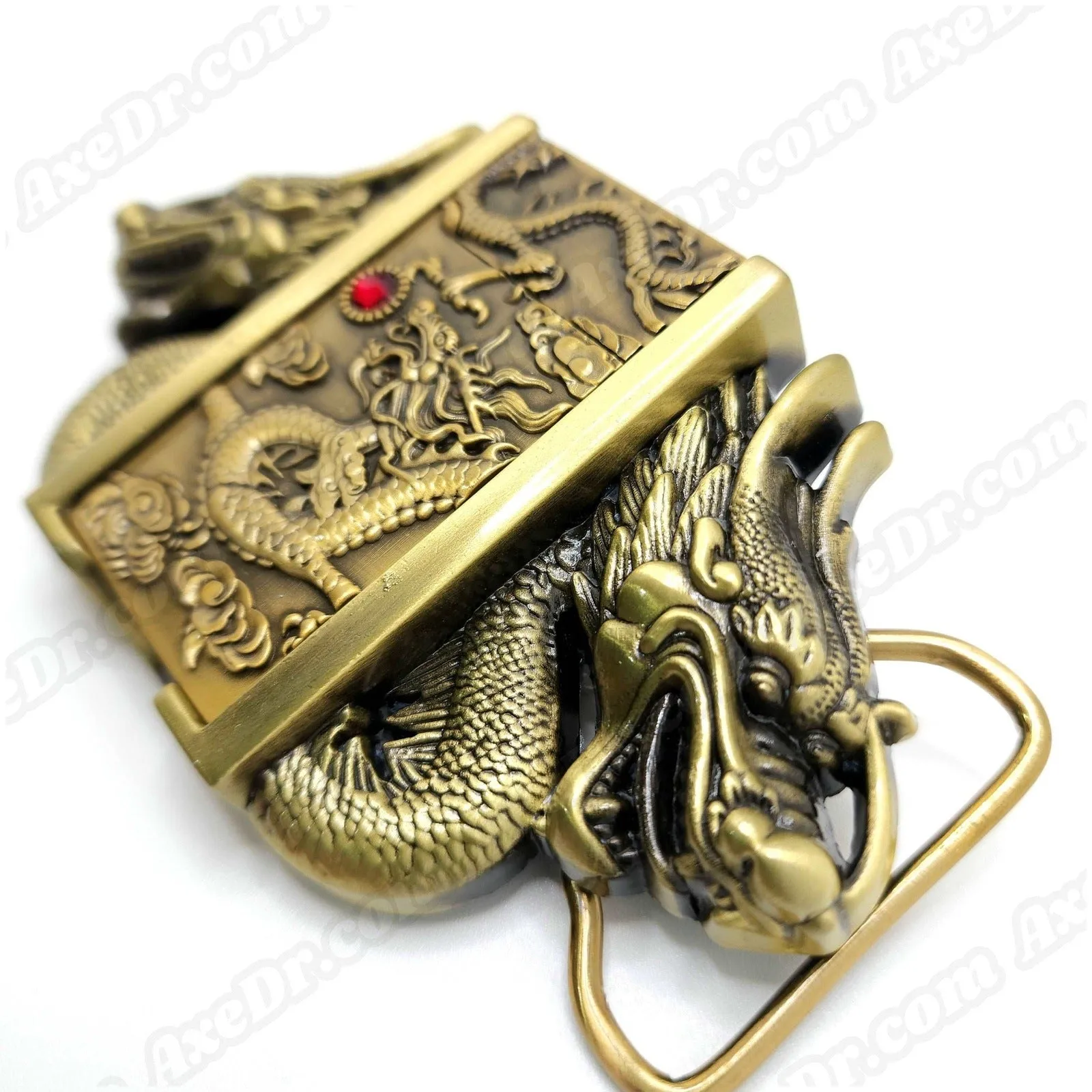 Dual Dragons Gold Lighter Belt Buckle / Push Button Lighter Holder Buckle