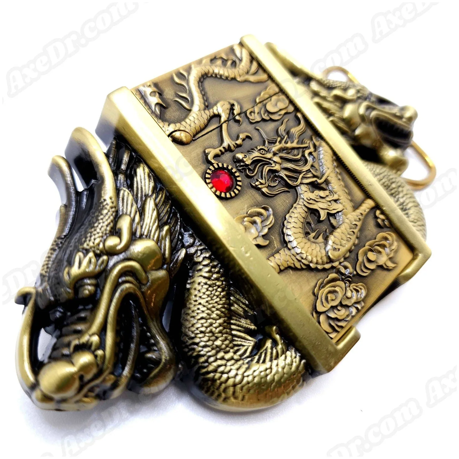 Dual Dragons Gold Lighter Belt Buckle / Push Button Lighter Holder Buckle