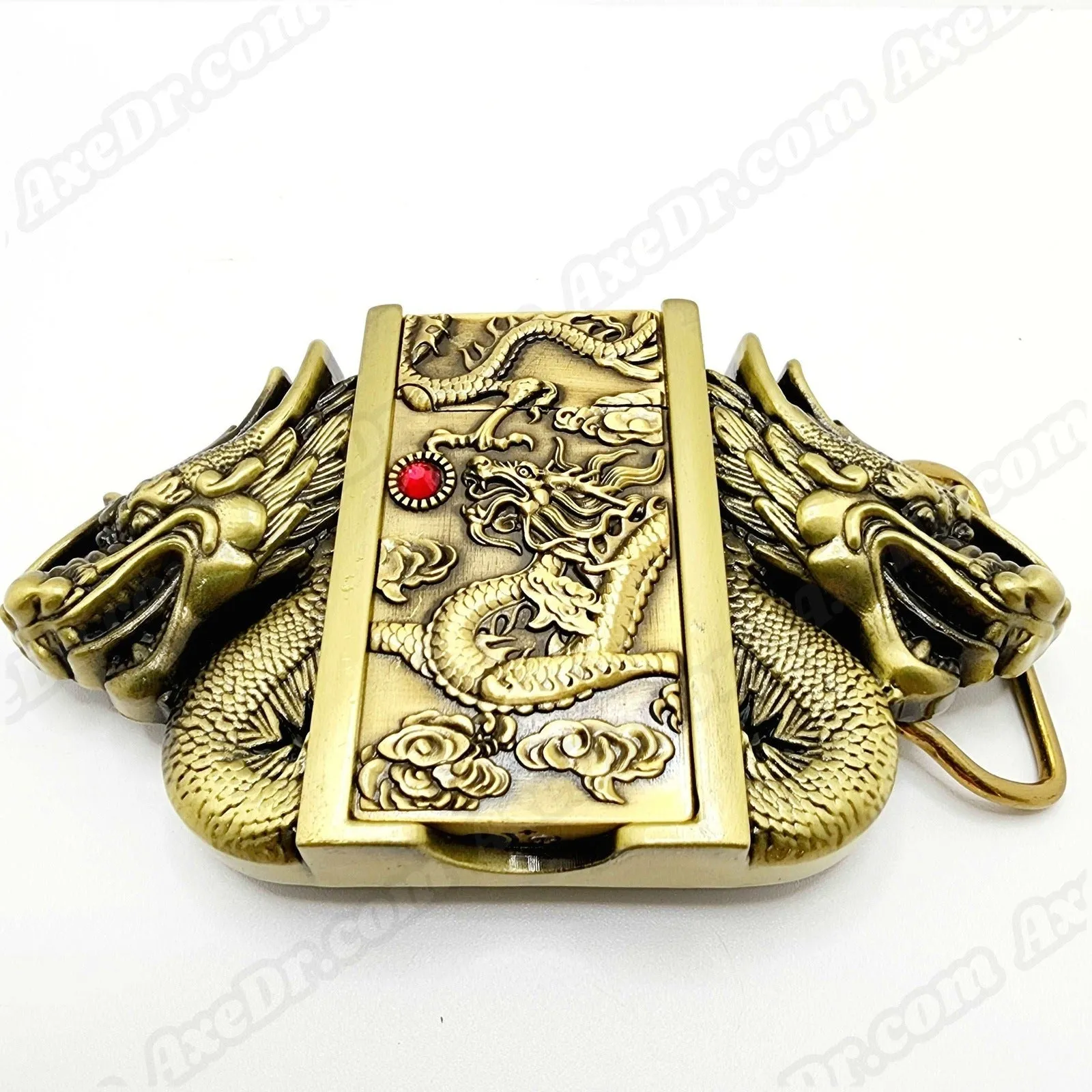 Dual Dragons Gold Lighter Belt Buckle / Push Button Lighter Holder Buckle