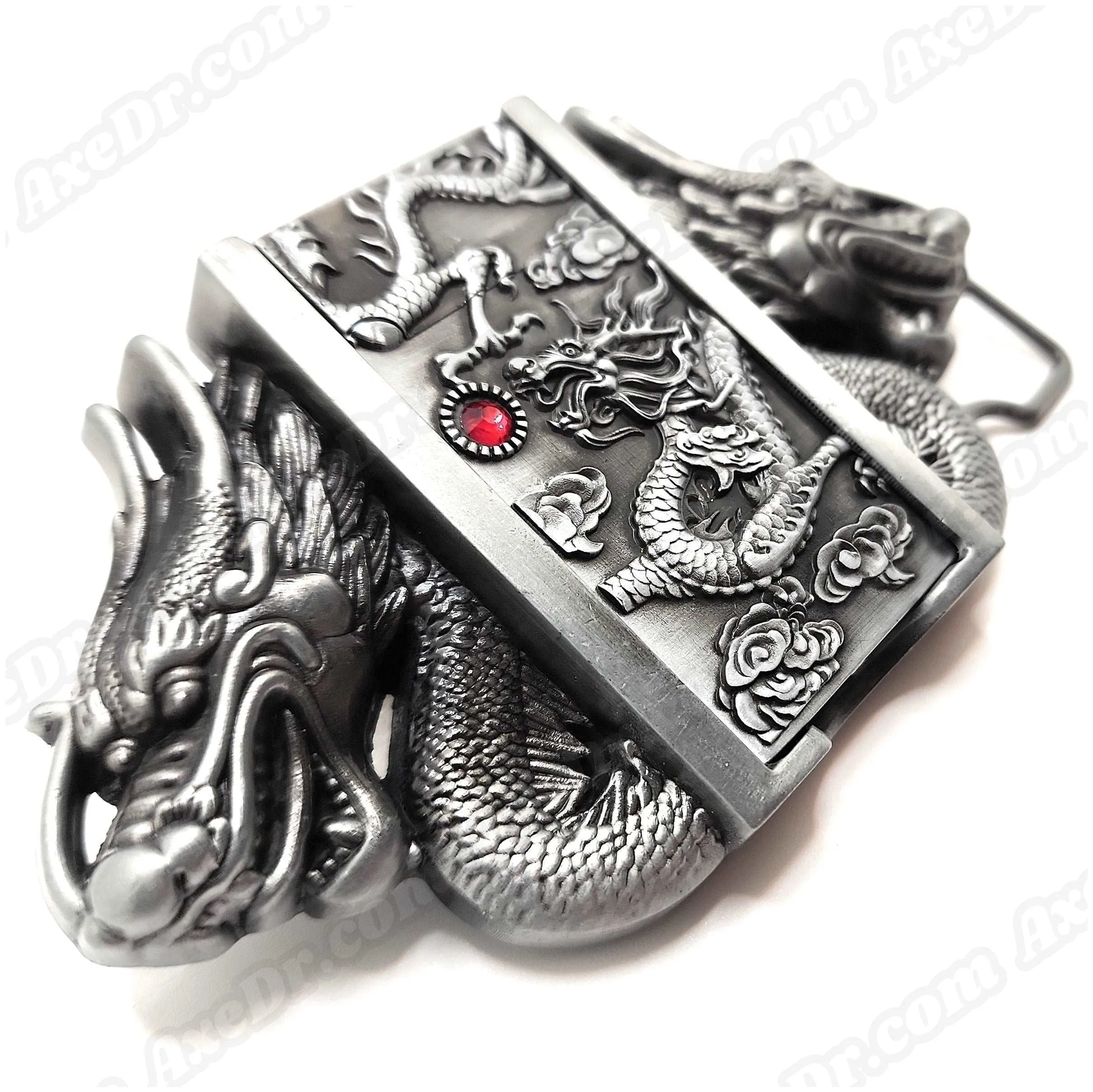 Dual Dragons Silver Lighter Belt Buckle / Push Button Lighter Holder Buckle