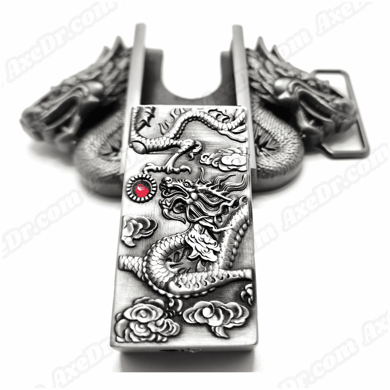 Dual Dragons Silver Lighter Belt Buckle / Push Button Lighter Holder Buckle