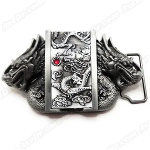 Dual Dragons Silver Lighter Belt Buckle / Push Button Lighter Holder Buckle