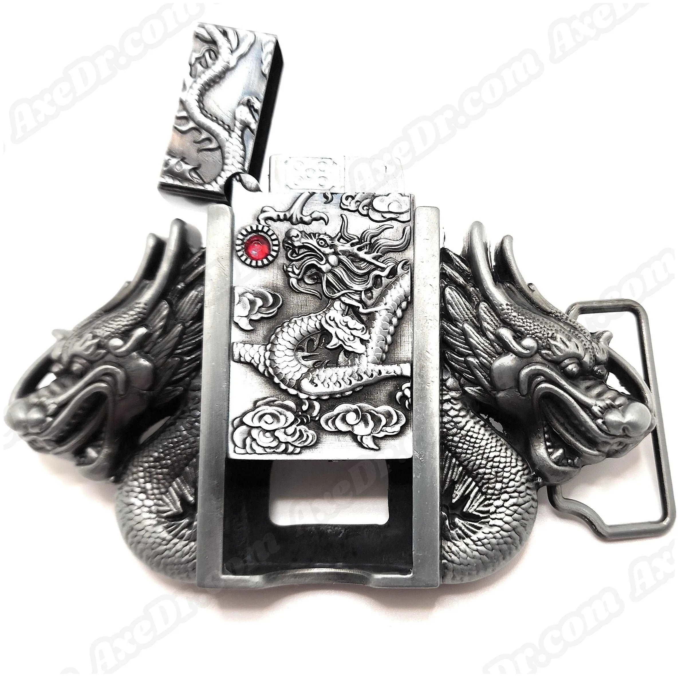 Dual Dragons Silver Lighter Belt Buckle / Push Button Lighter Holder Buckle