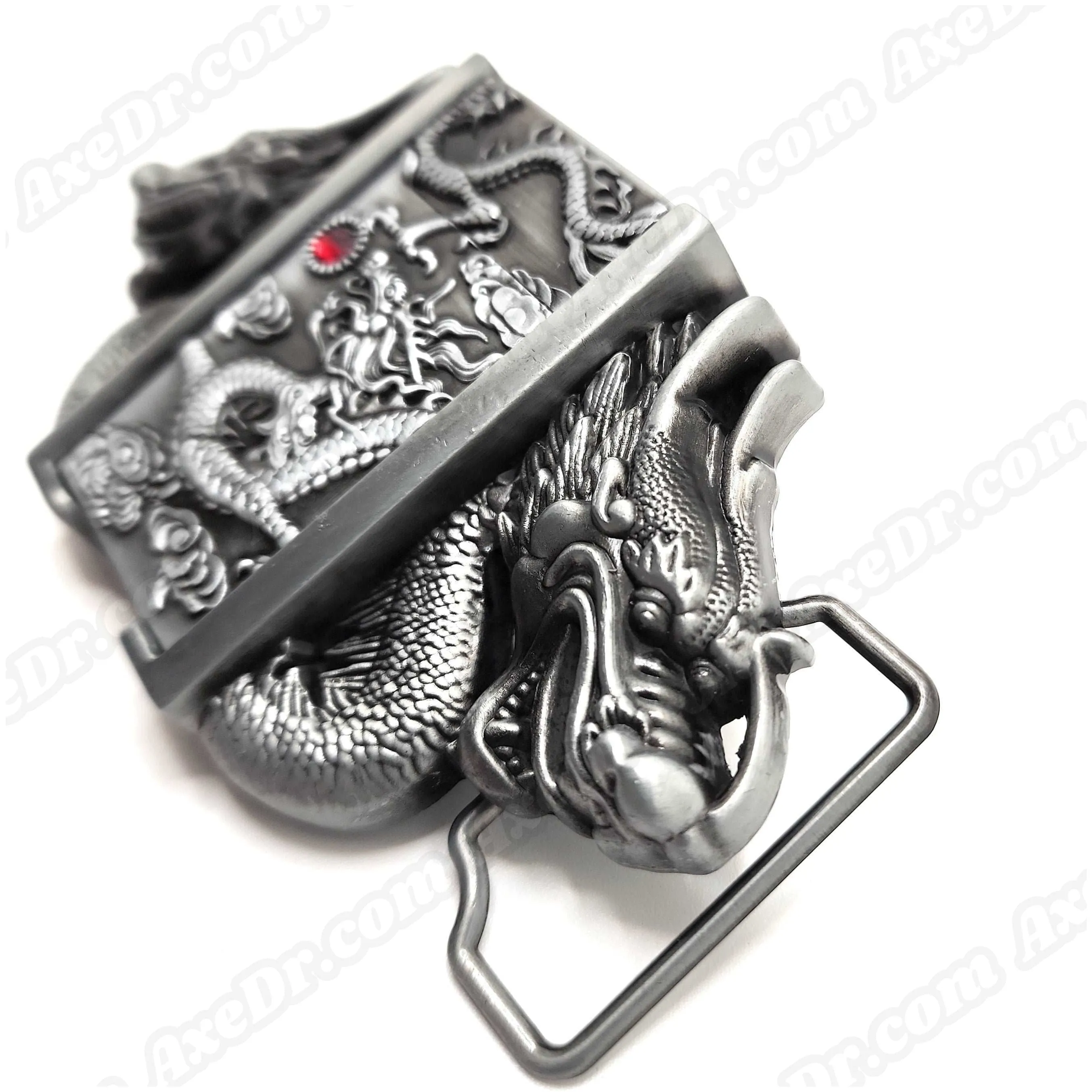 Dual Dragons Silver Lighter Belt Buckle / Push Button Lighter Holder Buckle