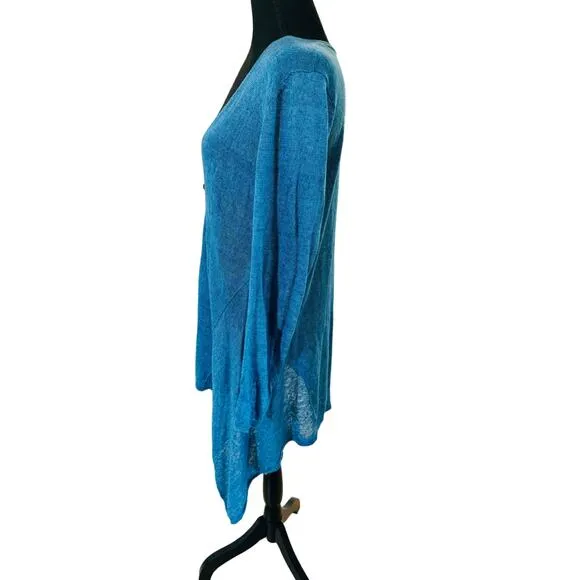 Eileen Fisher Blue Linen Asymetrical Handkerchif Cardigan Lightweight Coastal PL