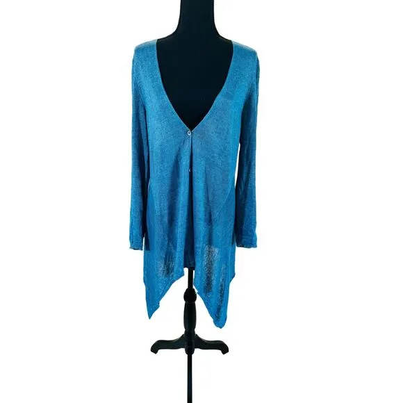 Eileen Fisher Blue Linen Asymetrical Handkerchif Cardigan Lightweight Coastal PL