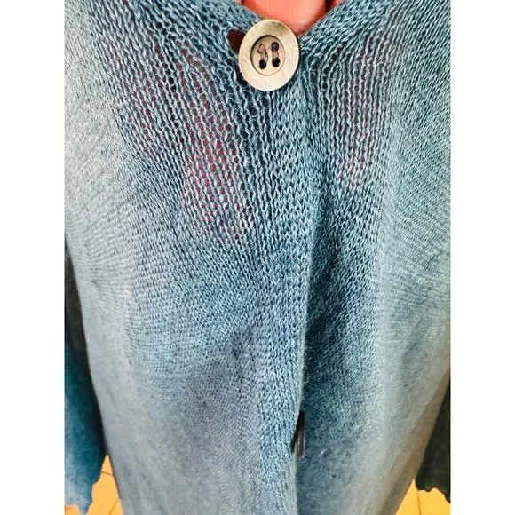 Eileen Fisher Blue Linen Asymetrical Handkerchif Cardigan Lightweight Coastal PL