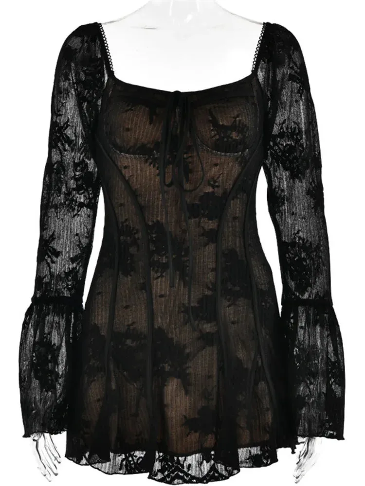 Elegant Backless Long Flare Sleeves Print Mini Dress Women's Boutique Fashion Square Collar A-line Pleated Club Party Sexy Dress