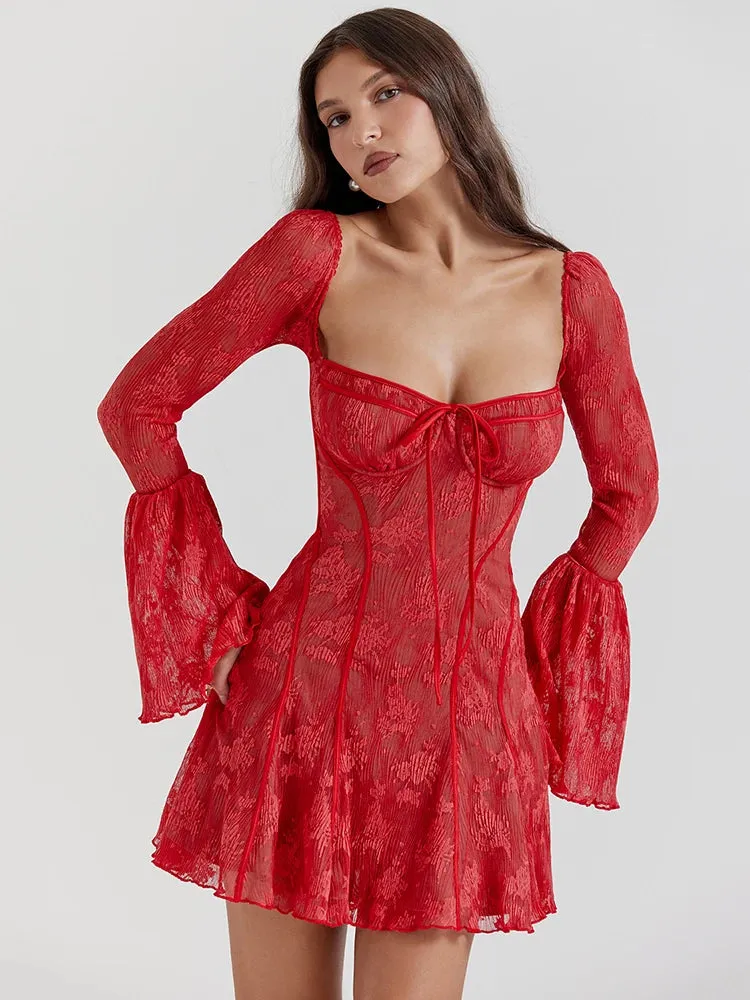 Elegant Backless Long Flare Sleeves Print Mini Dress Women's Boutique Fashion Square Collar A-line Pleated Club Party Sexy Dress