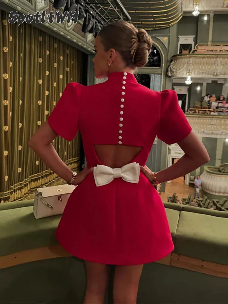 Elegant Bow-Back A-Line Cut Out Mini Dress with Pearl Button Detail