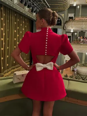 Elegant Bow-Back A-Line Cut Out Mini Dress with Pearl Button Detail