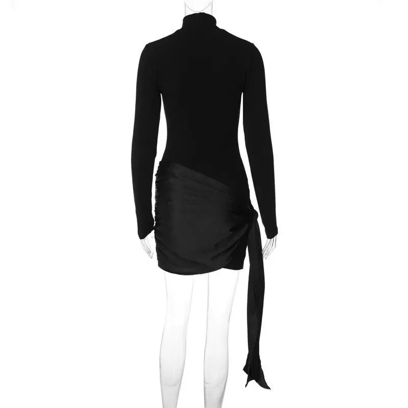 Elegant Ruched Long-Sleeve Mini Dress with Draped Accent