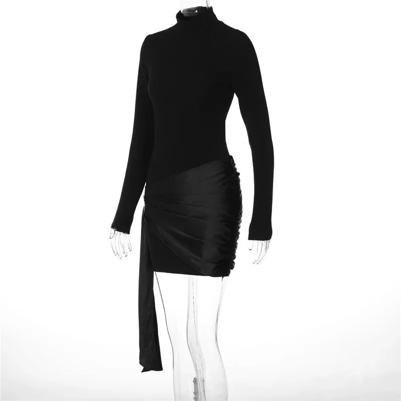 Elegant Ruched Long-Sleeve Mini Dress with Draped Accent
