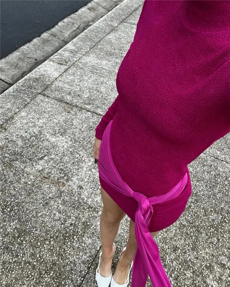 Elegant Ruched Long-Sleeve Mini Dress with Draped Accent