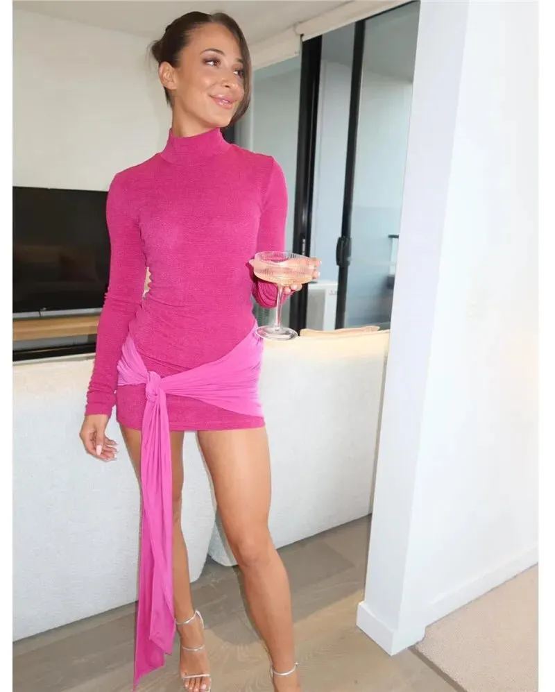 Elegant Ruched Long-Sleeve Mini Dress with Draped Accent