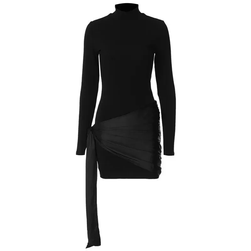Elegant Ruched Long-Sleeve Mini Dress with Draped Accent