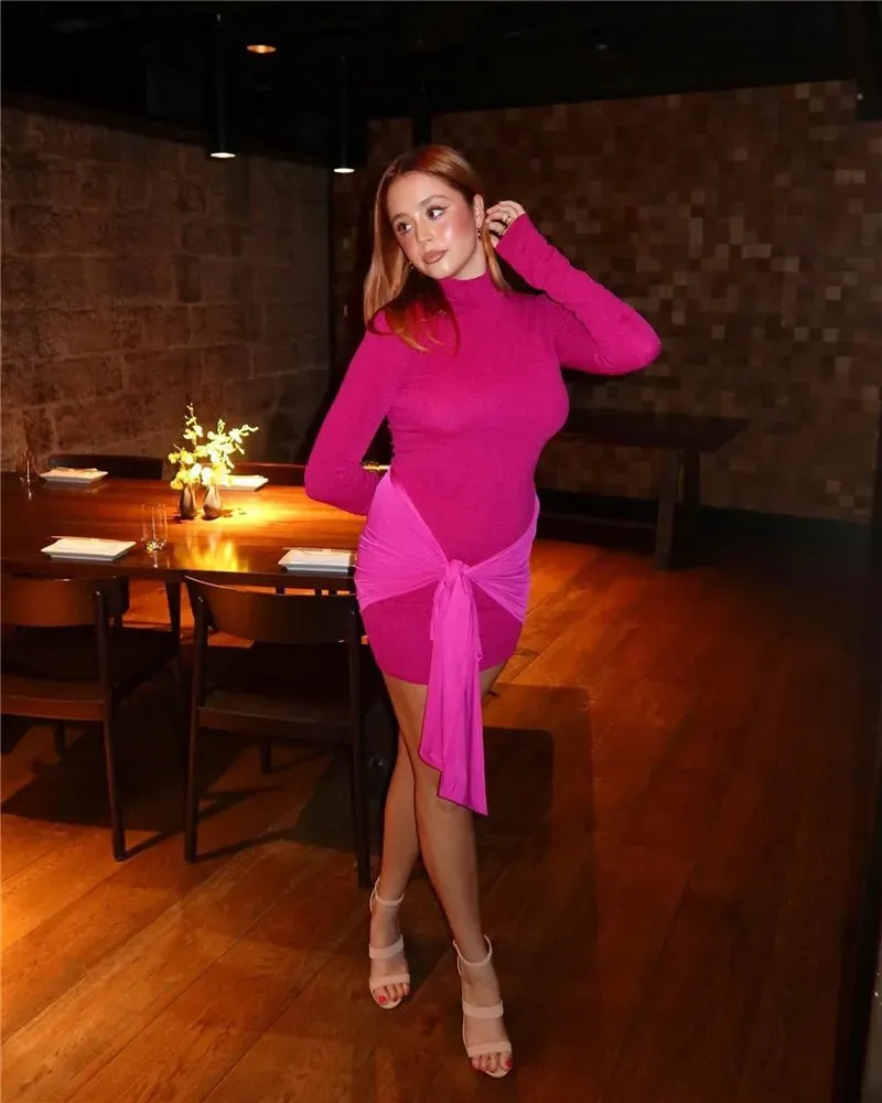 Elegant Ruched Long-Sleeve Mini Dress with Draped Accent