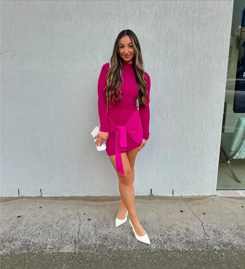 Elegant Ruched Long-Sleeve Mini Dress with Draped Accent