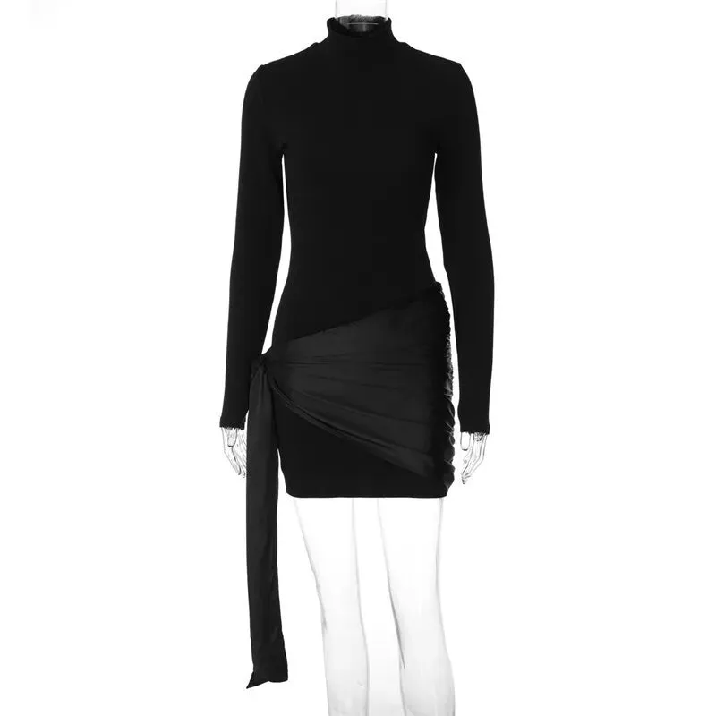 Elegant Ruched Long-Sleeve Mini Dress with Draped Accent