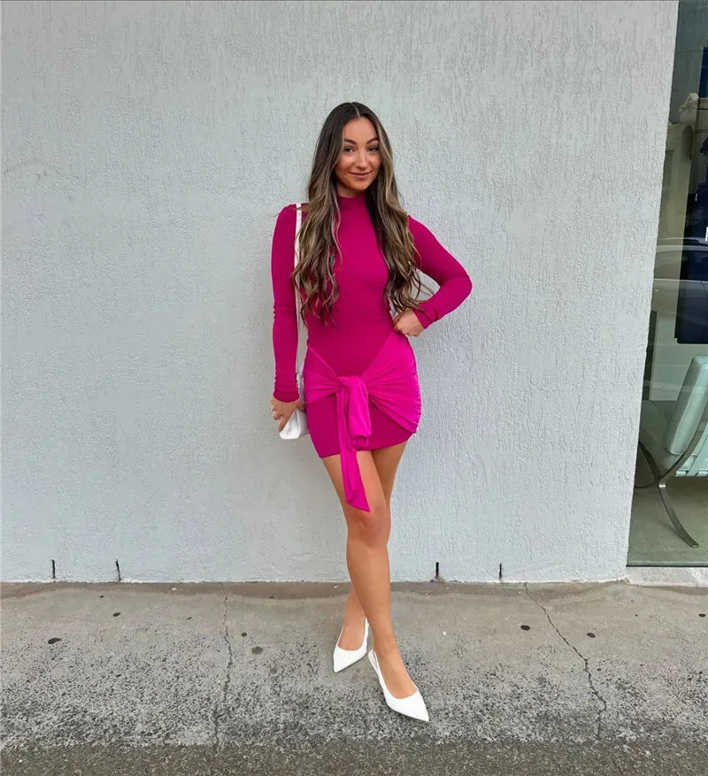 Elegant Ruched Long-Sleeve Mini Dress with Draped Accent