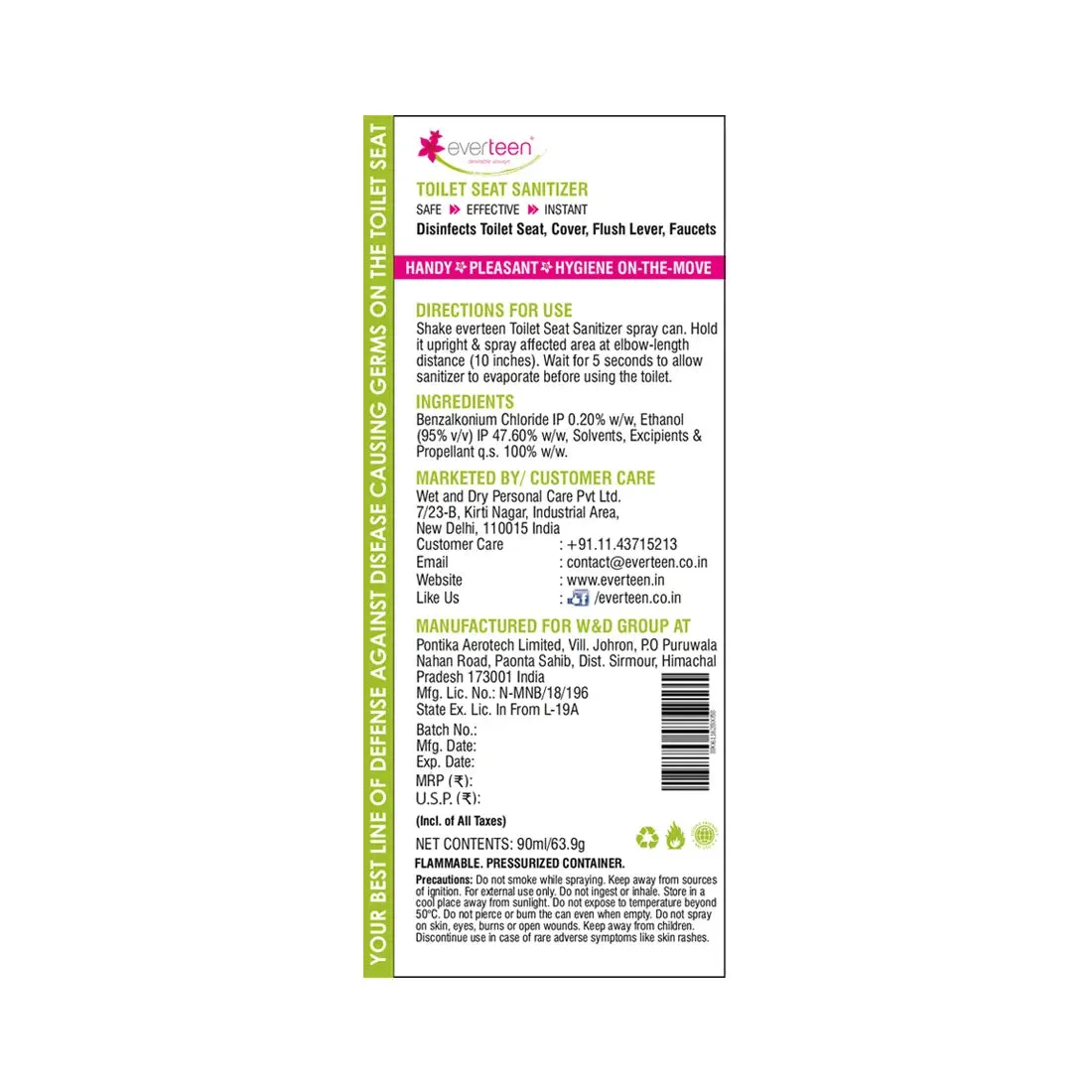 everteen Instant Toilet Seat Sanitizer Spray For Women - 90ml
