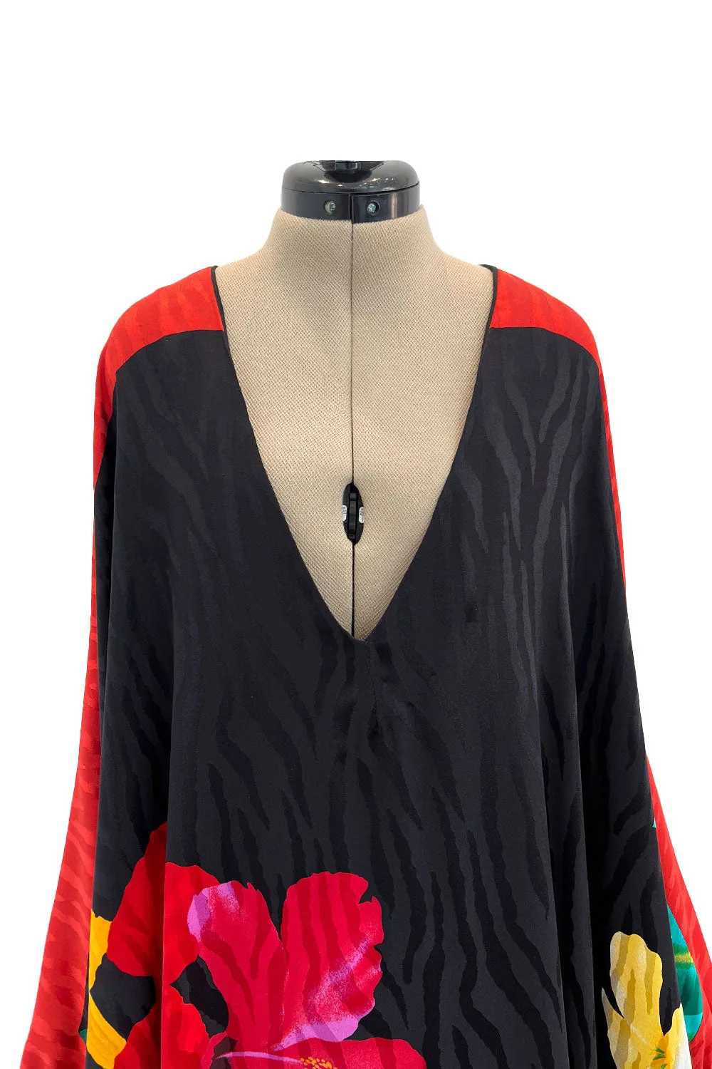 Fabulous 1980s Pauline Trigere Scarf Weight Silk Huge & Brillaint Coloured Floral Printed Caftan Dress
