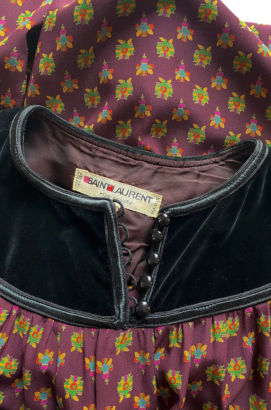 Fall 1977 Yves Saint Laurent Pretty Floral Printed Silk Smock Dress w Velvet Detailing