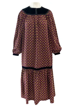 Fall 1977 Yves Saint Laurent Pretty Floral Printed Silk Smock Dress w Velvet Detailing